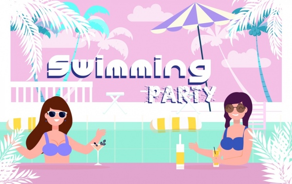 piscina party banner bikini ragazze icone fumetto colorato