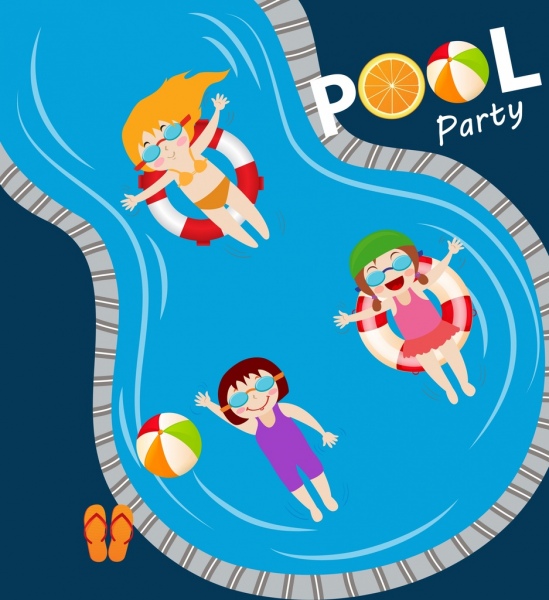 泳池派对横幅快乐的孩子游泳池图标