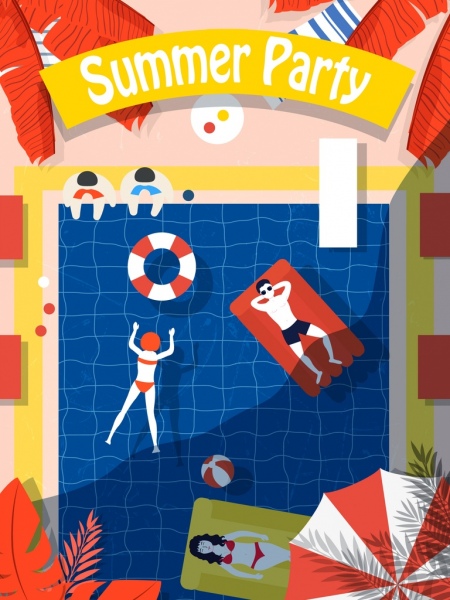 persone di banner festa piscina rilassante fumetto colorato costume da bagno
