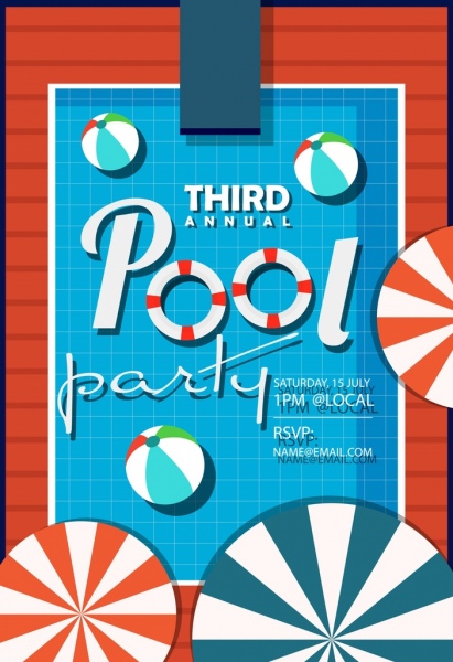 Pool Party Poster Regenschirm Kugel Symbole flache Bauweise
