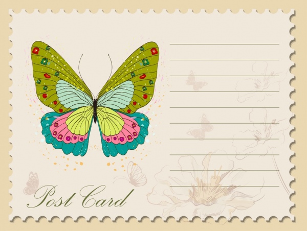 kartu pos kupu-kupu berwarna-warni ikon klasik desain template