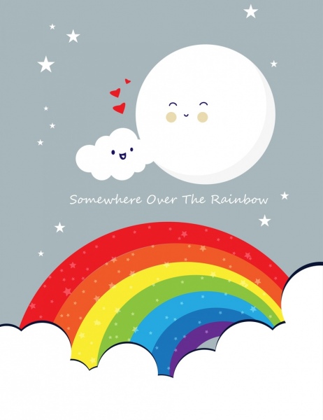Postal antecedentes de nube estilizada Luna arco iris colorido de iconos