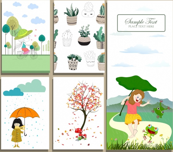 pocztówka obejmuje wzory dzieciństwa sezon rośliny ikony