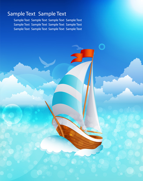 Postcard desain dengan latar belakang laut dan berlayar