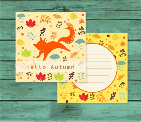 kartu pos template musim gugur gaya bunga fox ikon
