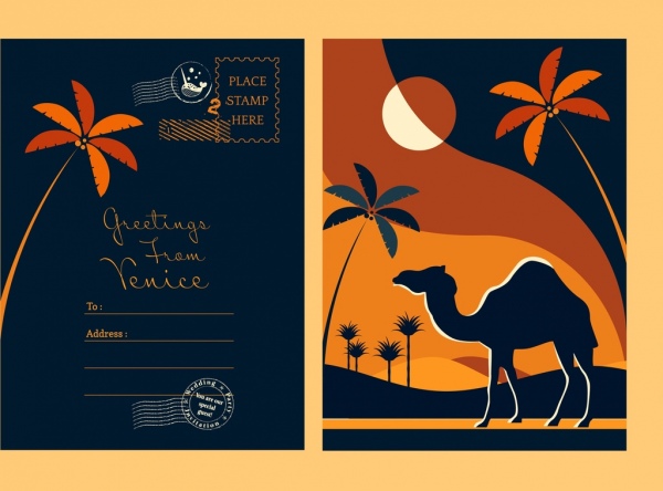 Plantilla de postal Camel caqui los iconos silueta oscura decoracion