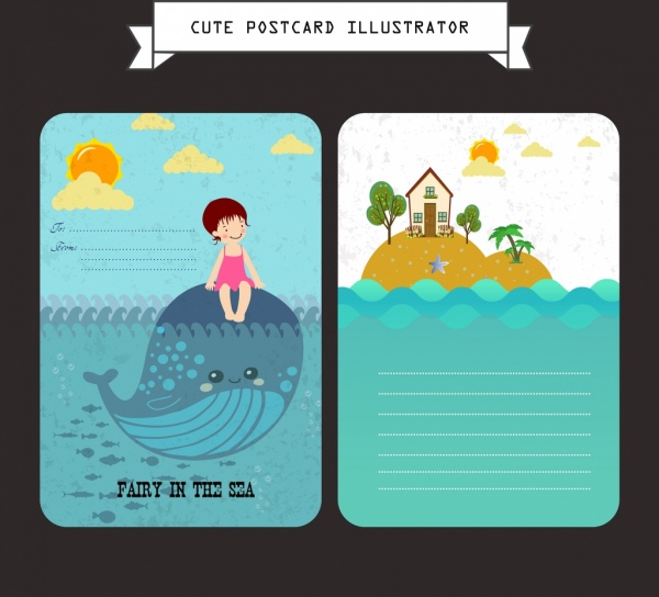 ícones de vida marinha de modelo de cartão-postal colorido decoração desenho animado