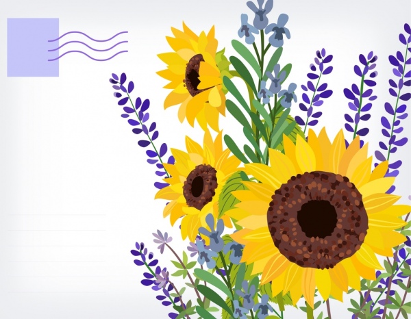 kartu pos template sunflowers ikon warna-warni desain klasik