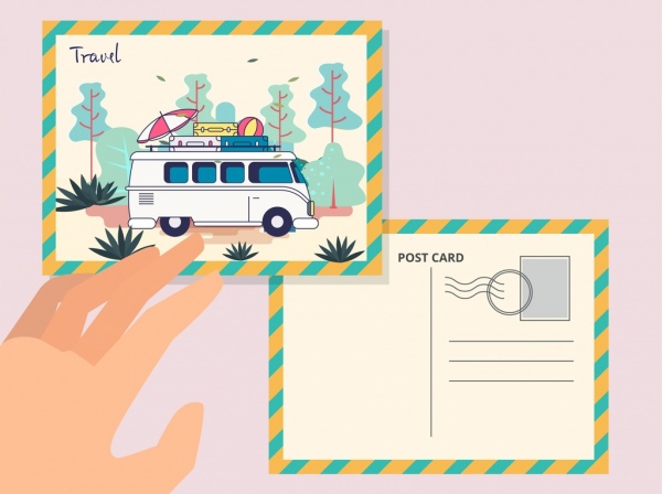 cartão postal modelo viagens tema ônibus ícone decoração