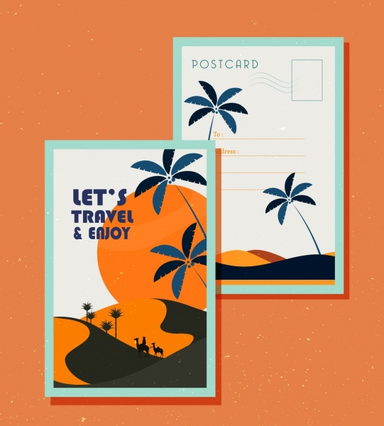 엽서 템플릿 여행 테마 사막 아이콘 클래식 디자인