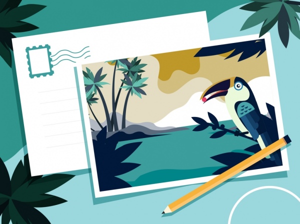 Postkarte Vorlage tropischen Thema Meer Papagei Symbole Dekor
