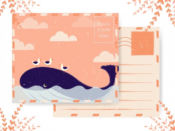 modèle de carte postale whale mouette rétro design icônes colorées