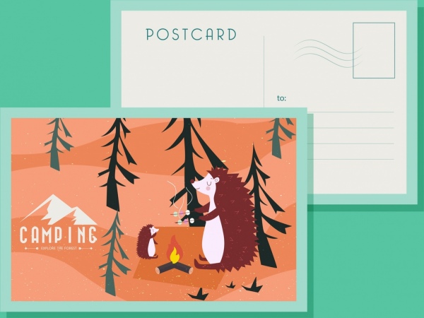 Postkarte Vorlage Wild camping Thema stilisierten Zeichentrickfiguren