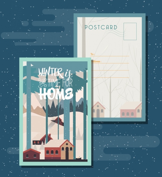 modèle de carte postale thème d’hiver maisons icônes d’arbres de neige