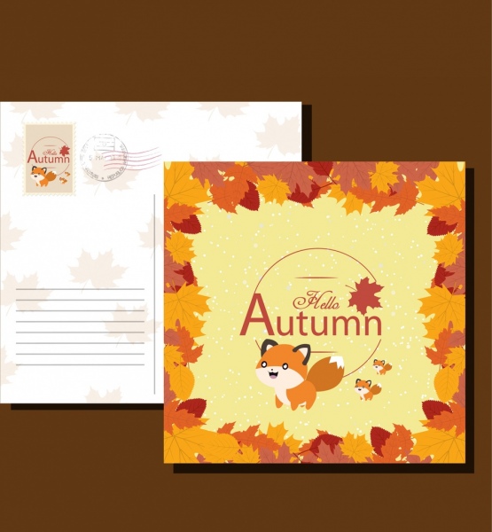 kartu pos template gaya daun musim gugur fox ikon