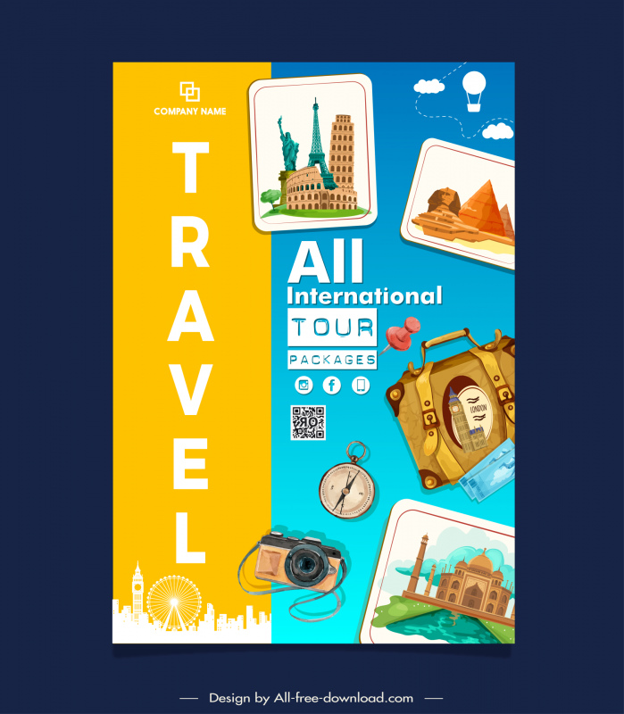 Poster Travel International Tour Packages Taj Mahal Air Balloon Eiffel Paris Tower Kompass Gepäck Gepäck QR Code Pyramide Kolosseum Schiefer Turm von