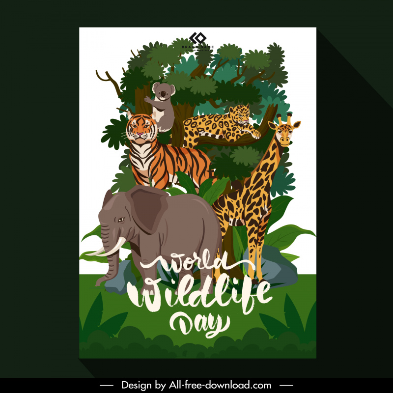 póster Día Mundial de la Vida Silvestre plantilla de póster animales salvajes dibujos animados bosque, boceto de escena del bosque