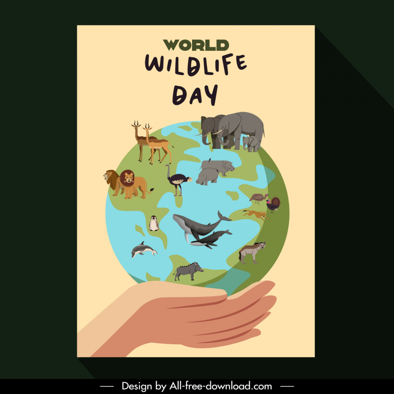 ポスター世界野生生物の日のテンプレートは、手の地球野生動物のスケッチを保持しています