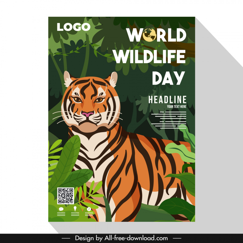 포스터 세계 야생 동물의 날 템플릿 호랑이 숲 장면 만화 스케치
