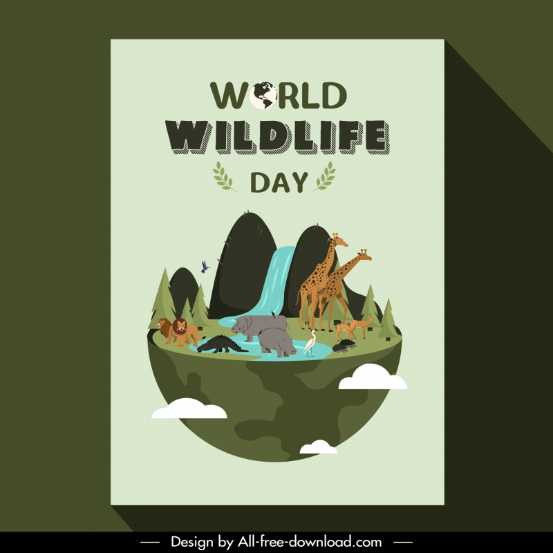 Póster Plantilla del Día Mundial de la Vida Silvestre 3D Cut Earth Wild Animals Boceto en cascada