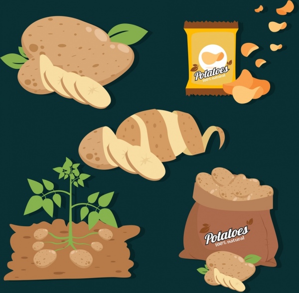 ícones de produtos de batata chips de frutas cruas design escuro
