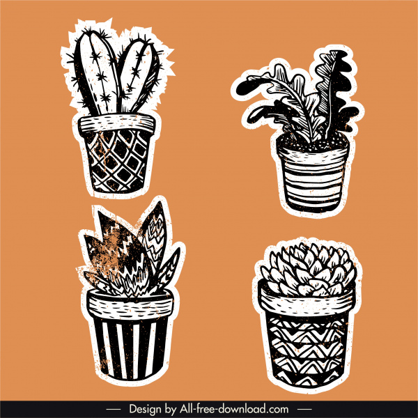 ícones de planta de vasos retro design flat handdrawn
