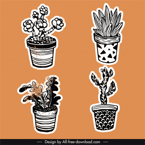 vasos de plantas ícones vintage contorno desenhado à mão