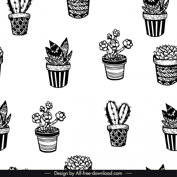 pot tanaman pola hitam putih vintage handdrawn sketsa
