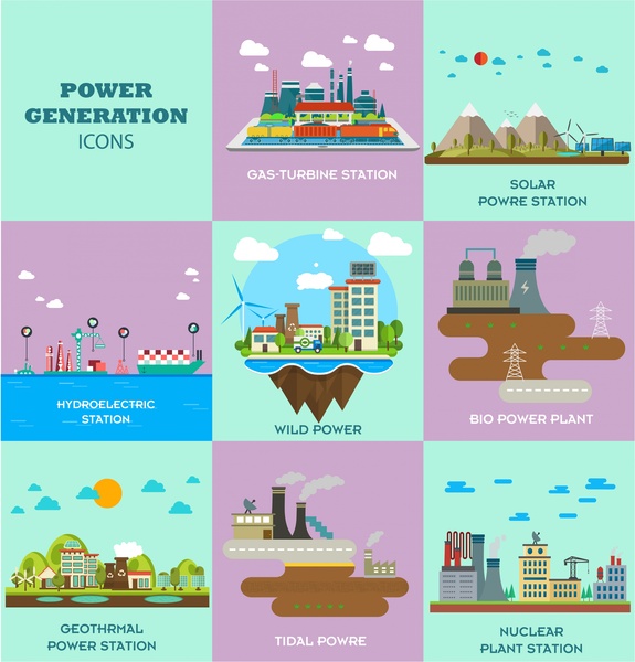 ícones de geração de energia isolados com vários tipos