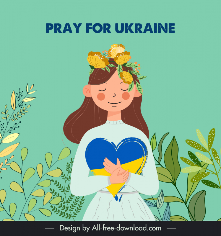 ウクライナのバナーかわいい漫画の女の子の自然の要素の装飾のために祈る