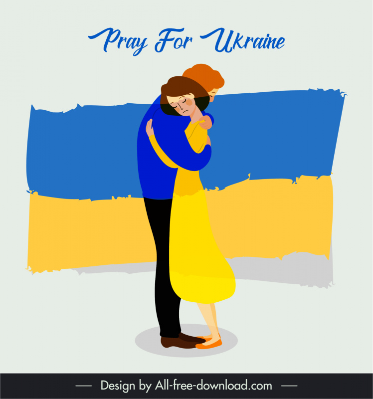 berdoa untuk poster ukraina memeluk sketsa bendera pasangan cinta