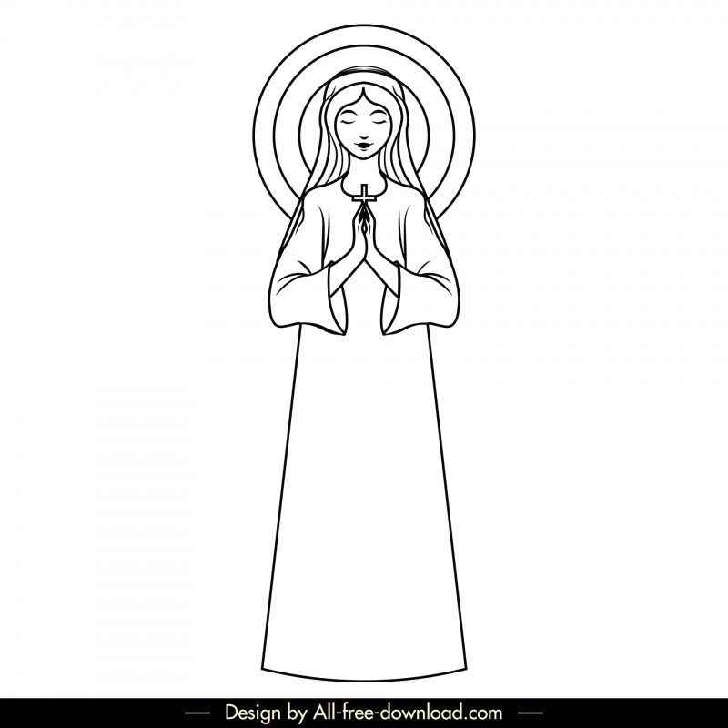 祈る姉妹のアイコン黒白手描きの漫画のキャラクターの輪郭