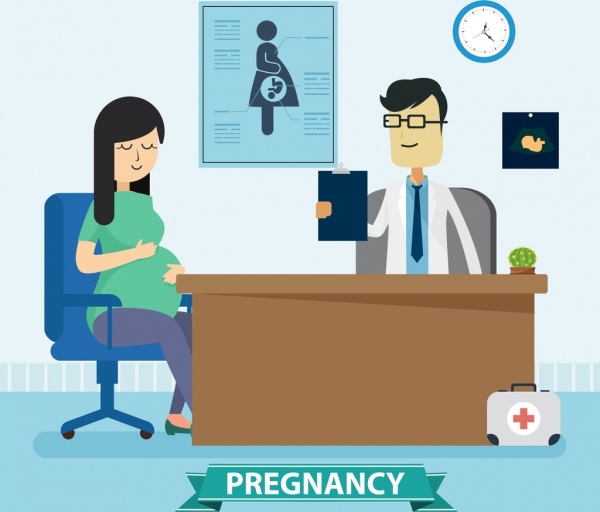 grossesse, dessin dessin animé coloré médecin femme enceinte icônes