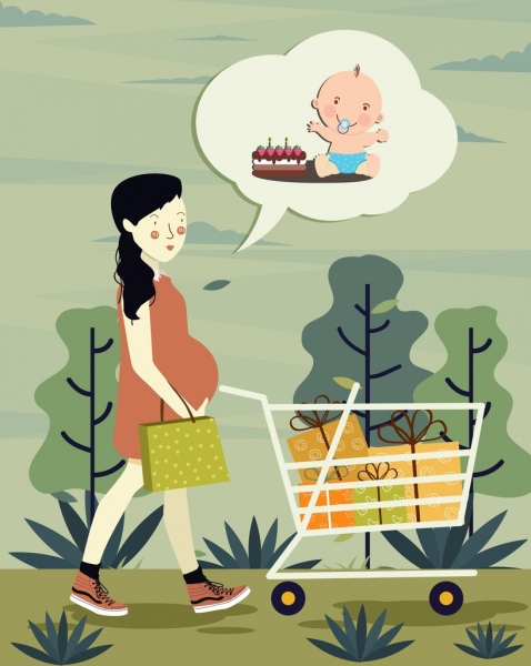 desenho de gravidez ícones de bolha mulher bebê discurso de compras