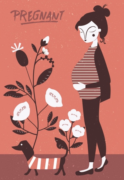 임신한 여자 꽃 장식 클래식 디자인 드로잉