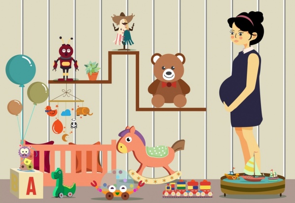 mulher grávida desenho brinquedos quarto decoração colorida dos desenhos animados