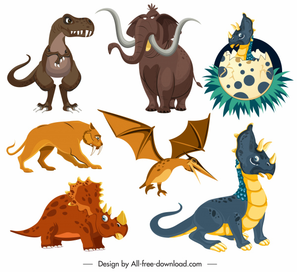 prehistoryczne gatunki zwierząt ikony kolorowe kreskówki projekt