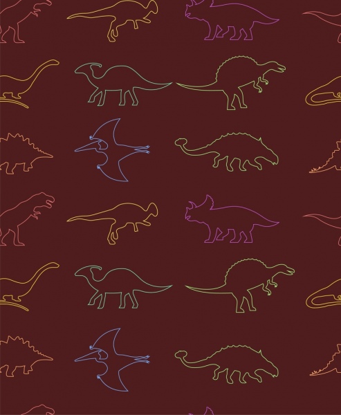 La prehistoria animales coloridos iconos de estilo esbozar siluetas