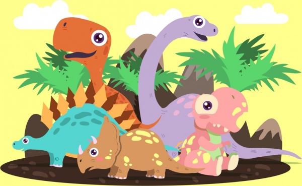 ikon dinosaurus prasejarah latar belakang berwarna kartun desain