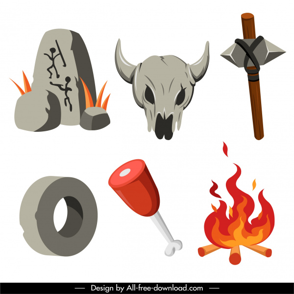 elementos de diseño de prehistoria piedra herramienta cráneo fuego boceto