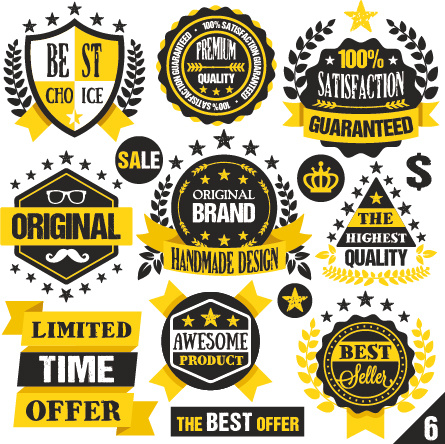 qualidade Premium preta com amarelo, etiquetas e emblemas vector