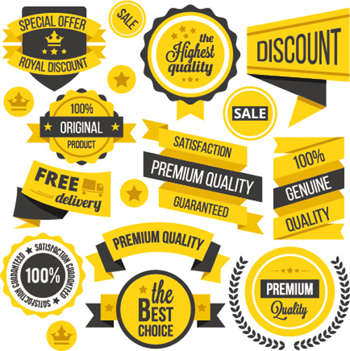 Premium-Qualität schwarz mit gelben Etiketten und Abzeichen Vektor
