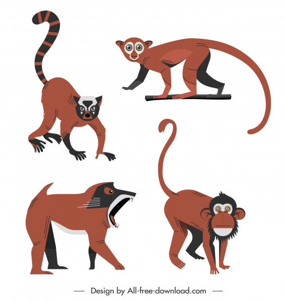 spesies primata ikon berwarna karakter kartun sketsa