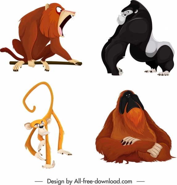 Ícones de espécies de primatas Orangutang Gorila Cynocephalus Esboço de macaco