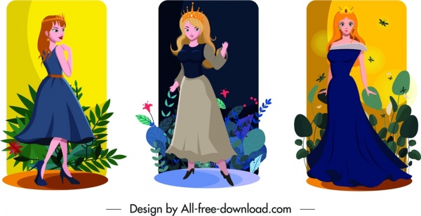 cartão de princesa define ícones menina cute personagens de desenhos animados