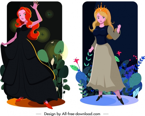 Prinzessin Karte Vorlagen elegante Mädchen Symbole cartoon-design