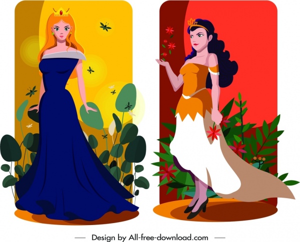 Princess ícones coloridos personagens de desenhos animados