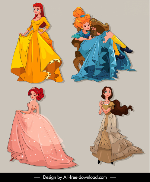 princesa iconos personajes de dibujos animados de color