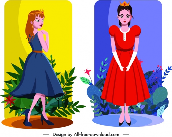 Princess ícones coloridos desenha personagens de desenhos animados bonitos