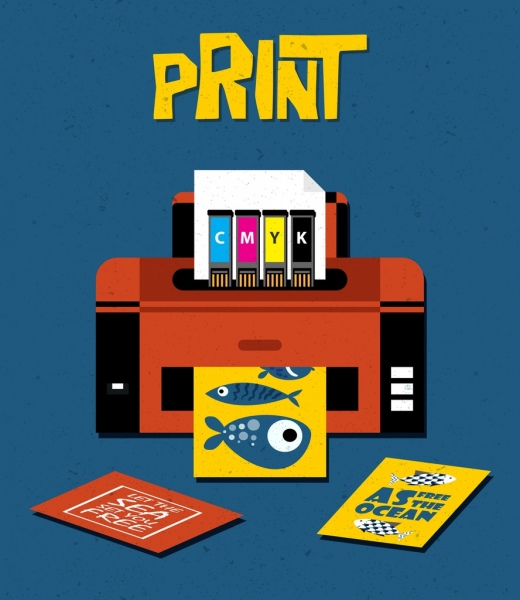 icono de máquina moderna de trabajo impresión banner diseño multicolor